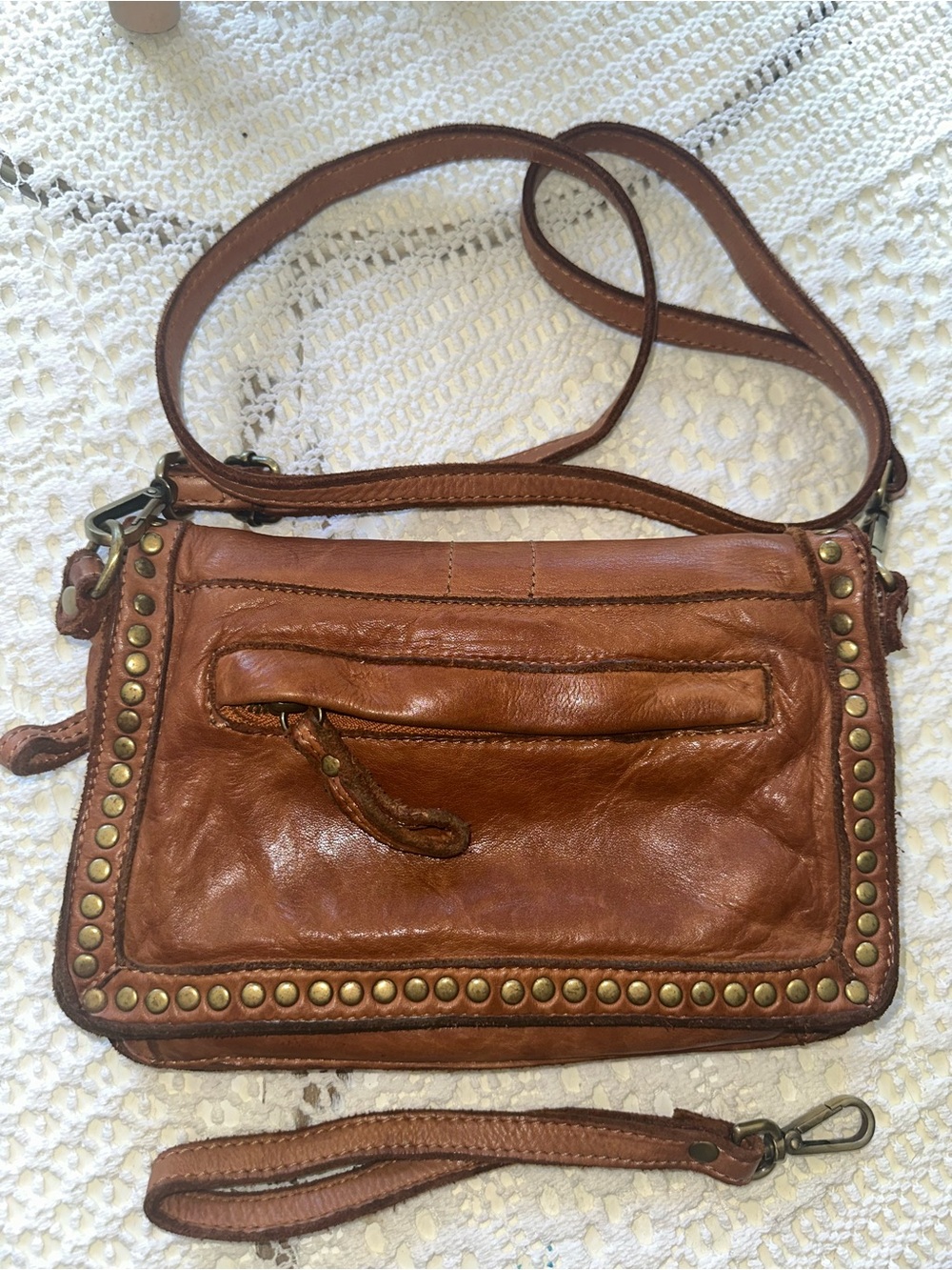 Sundance Brown Leather Stud-Trim Crossbody with Wristlet - Picture 2 of 11